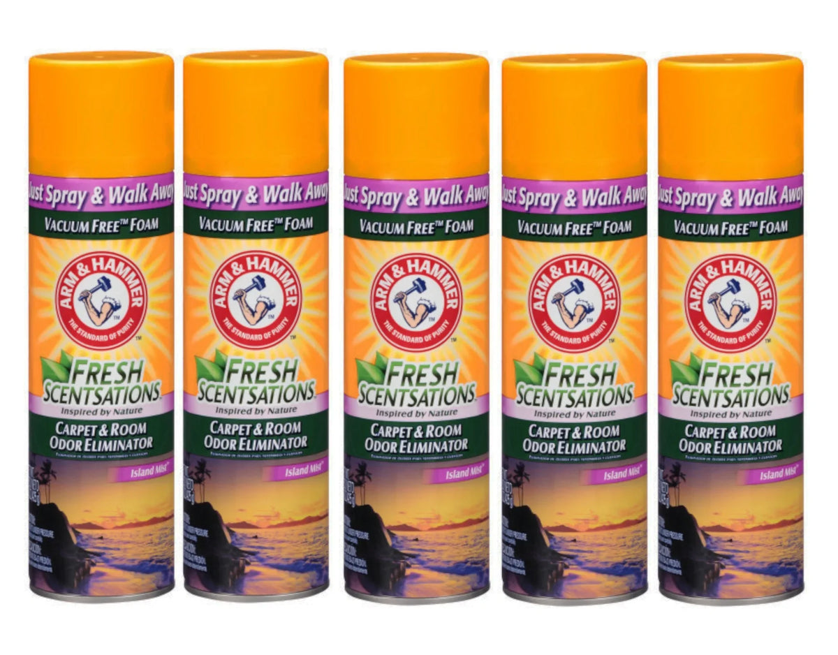 Arm & Hammer Fresh Scentsations Carpet & Room Odor Eliminator Vacuum Free Foam, Island Mist Scent, 15 Ounce - 5 Pack