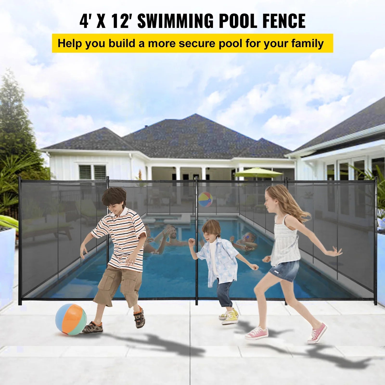 SKYSHALO Pool Fencing Mesh, 4 x 12 ft Swimming Pool Fence, 1000D PVC Fabric Removable Pool Fence with Aluminum Poles and Foot Tubes, Breathable Pool Fences for Inground Pools for Security and Privacy