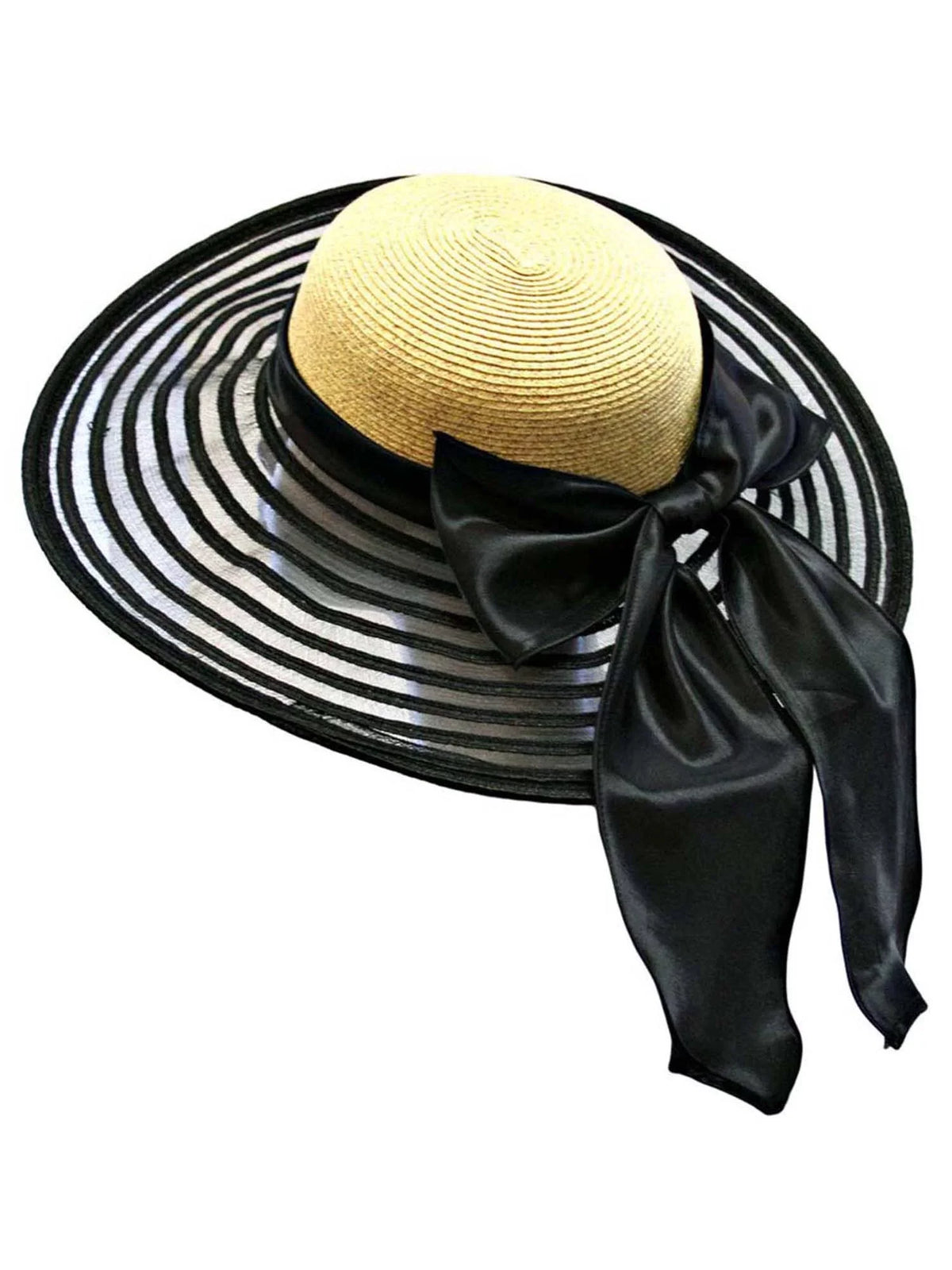 Wheat & Black Wide Brim Floppy Hat Large With Satin Bow