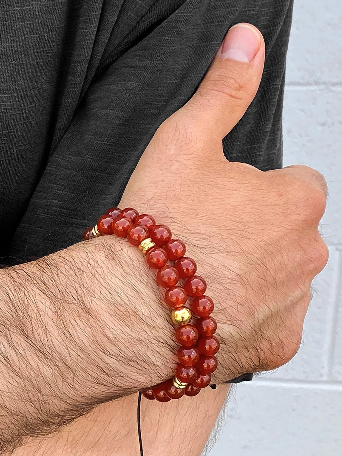 Coastal Jewelry Men's Red Agate Stone and Gold PLatitudeed Stainless Steel Beaded Adjustable Bracelet (8mm)