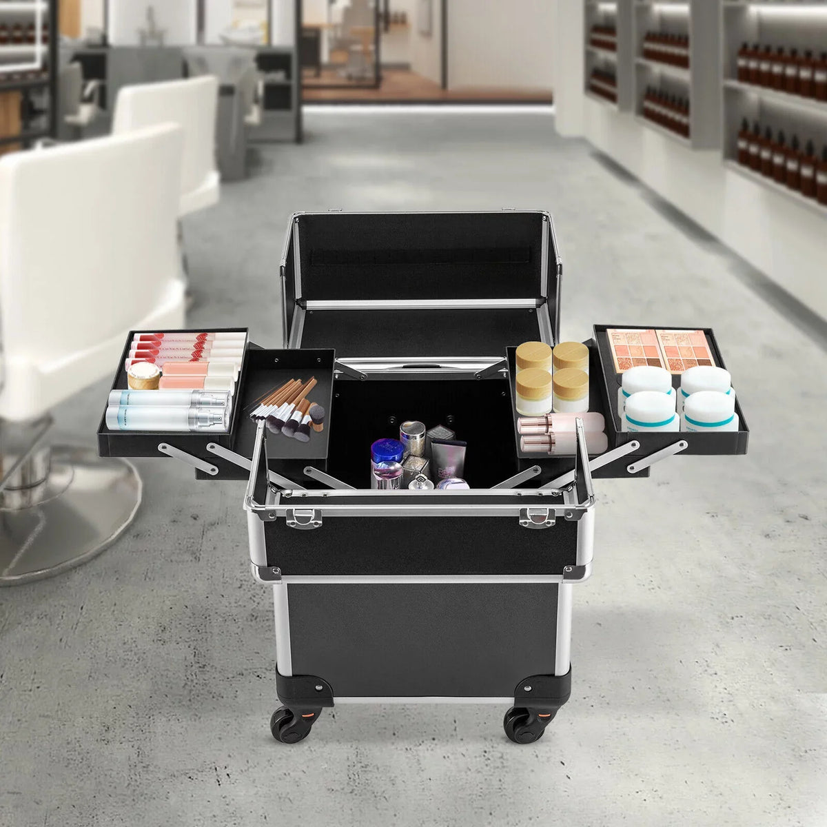 Rolling Lockable Makeup Train Case Hairdresser Trolley, Stylist Beauty Nail Salon Barber Case Cosmetic Luggage Travel Trunk Cart Organizer Tool Box with Swivel Wheels (Black)