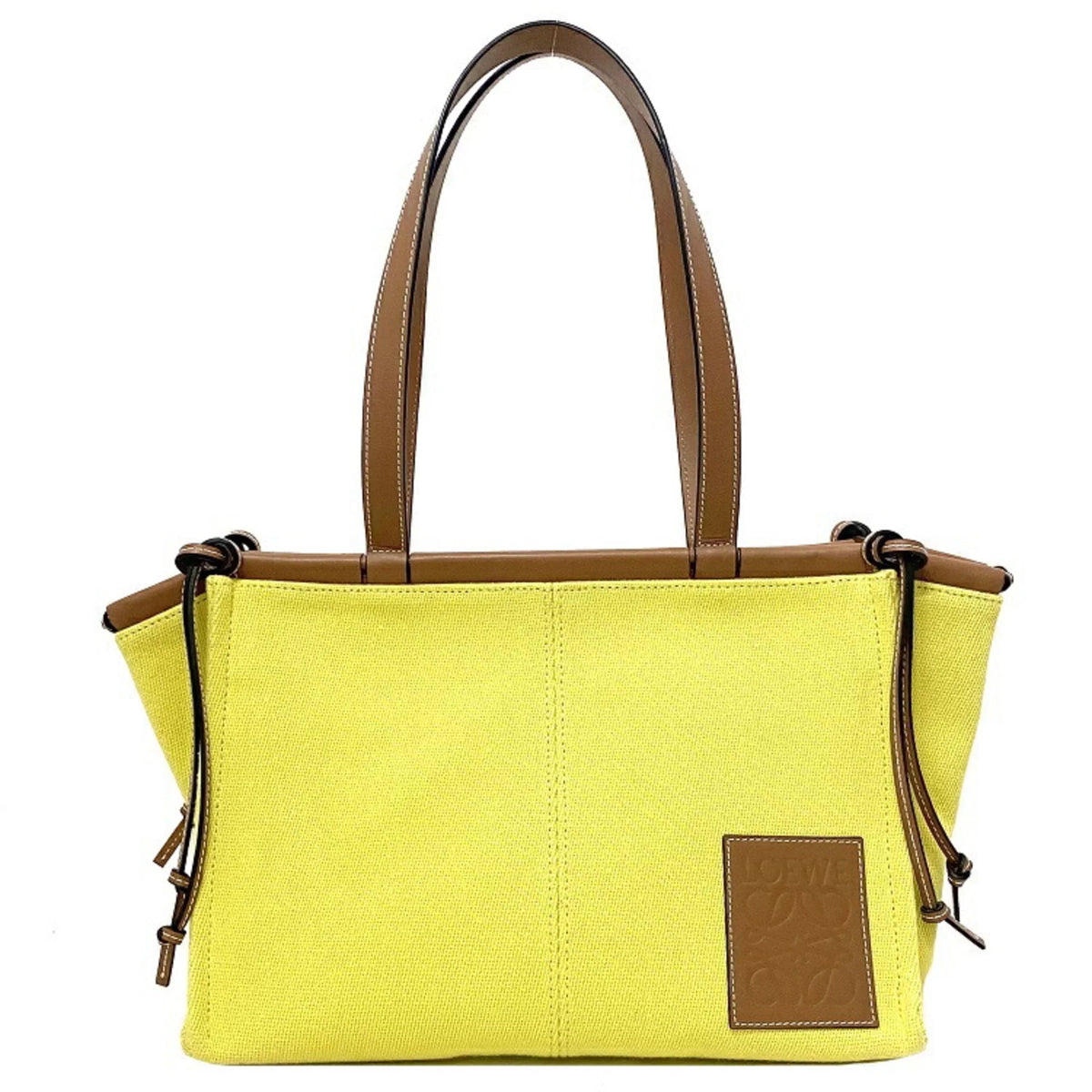 Pre-Owned Loewe cushion yellow brown leather patch anagram 330.02AA93 canvas LOEWE tote bag (Good)