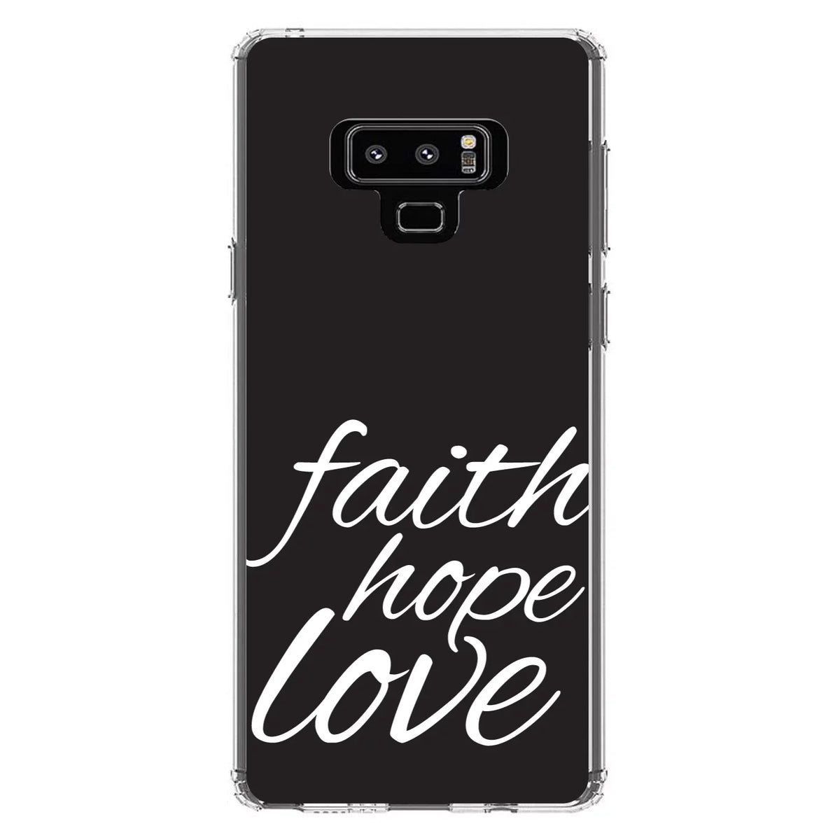 DistinctInk Clear Shockproof Hybrid Case for  Galaxy Note 9 - TPU Bumper, Acrylic Back, Tempered Glass Screen Protector - Faith / Hope / Love - Black & White - Christ