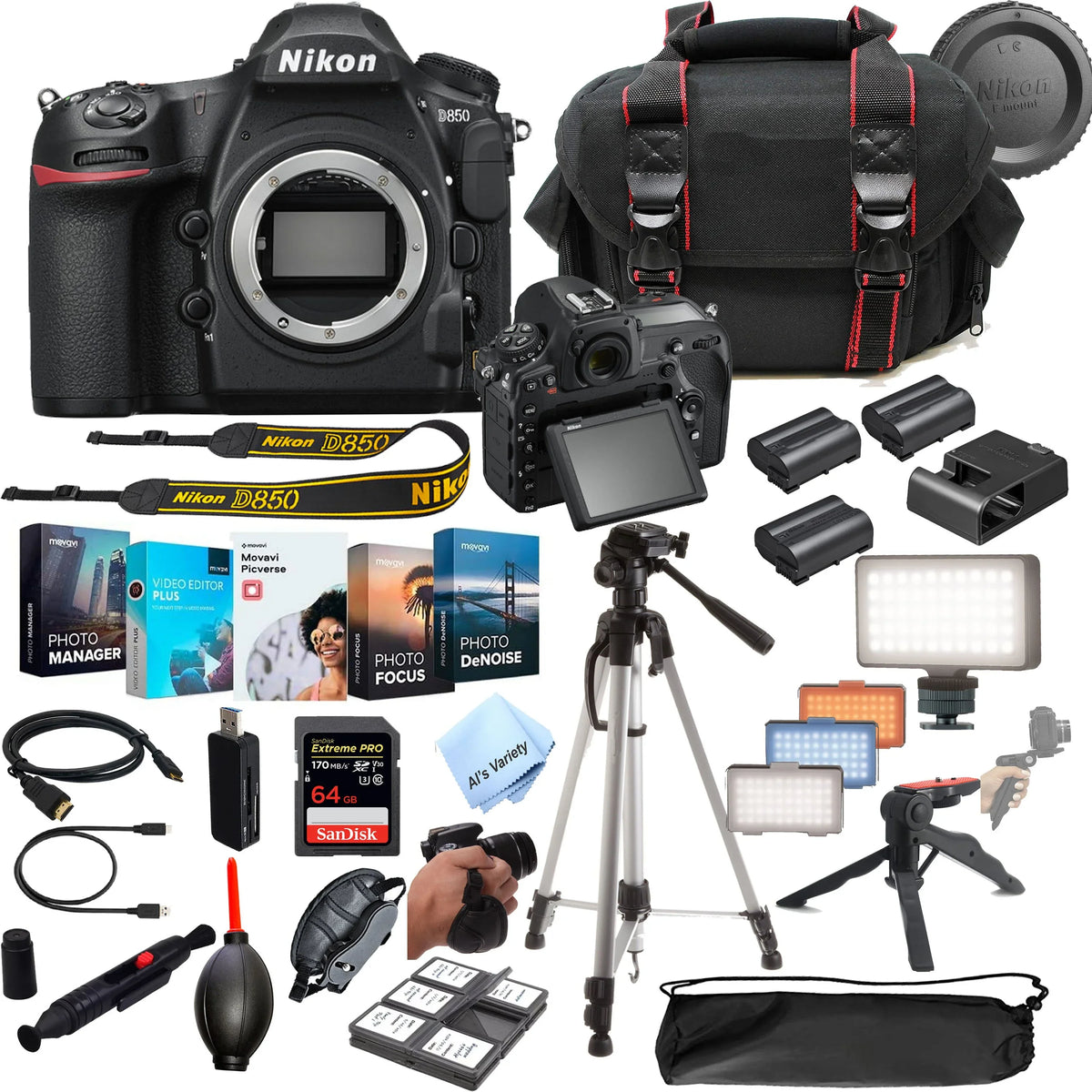 D850 DSLR Camera 45.7 MP Body No Lens- 64GB Extreme Speed Card, LED Always on Light, Tripod,Gripod, Case, and More 30pc Video Bundle