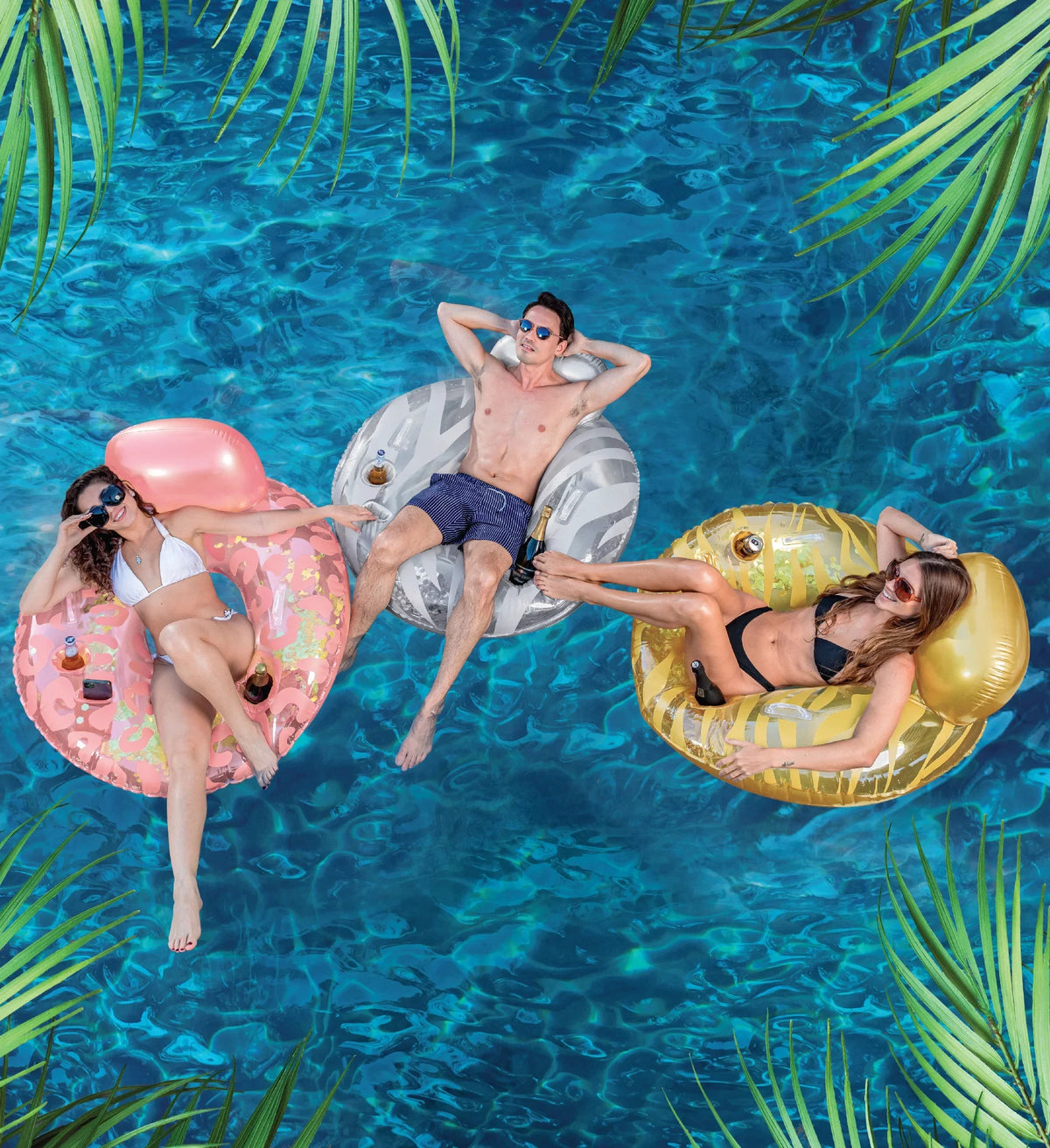 POZA InfLatitudeable Luxury Tubes with Back Rest - Rose Gold, Gold, Silver Sparkle Confetti Filled Luxurious Lounger, Thick Pool Float Tubes, Built in Phone and Cup Holder with Handles, 42 Inch, Pack of 3