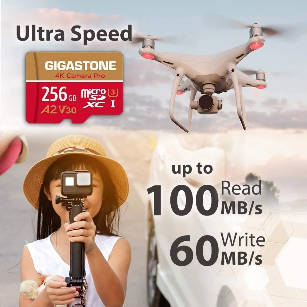 Gigastone 256GB Micro SD Card, 4K Video Recording, 4K Camera Pro, compatible with Nintendo Switch, Dash Cam, GoPro Cameras, R/W up to 100/50 MB/s, Micro SDXC UHS-I A1 V30 Class 10, 2 Pack (2x256GB)