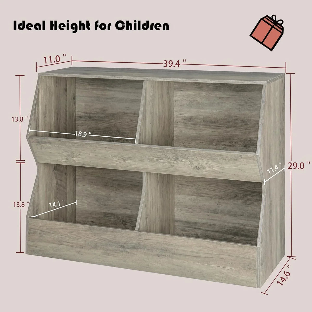 JIAH Kids , Toy Storage Organizer, Wooden Toy Storage Cabinet, 4 Cubby Children Bookcase, Toddler Book Toy Shelf for Bedroom, Nursery, Hallway, School, 39.4" Long, Gray Wash